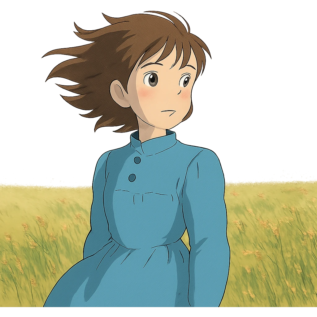 young girl with wind-blown hair standing in a field, ghibli style emoji
