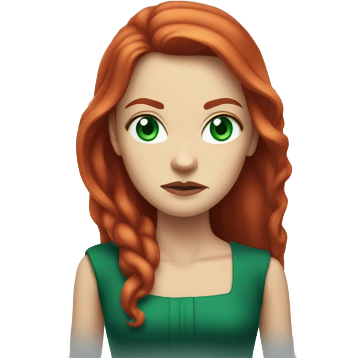 Rich woman, red long hair,  pale-skin, emerald blue-green-eyes,  scowling, very small nose, glaring, angry emoji