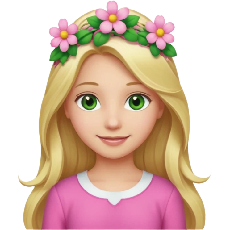 Girl profile picture with long blonde hair and green eyes and a flower in her hair. and a pink outfit emoji
