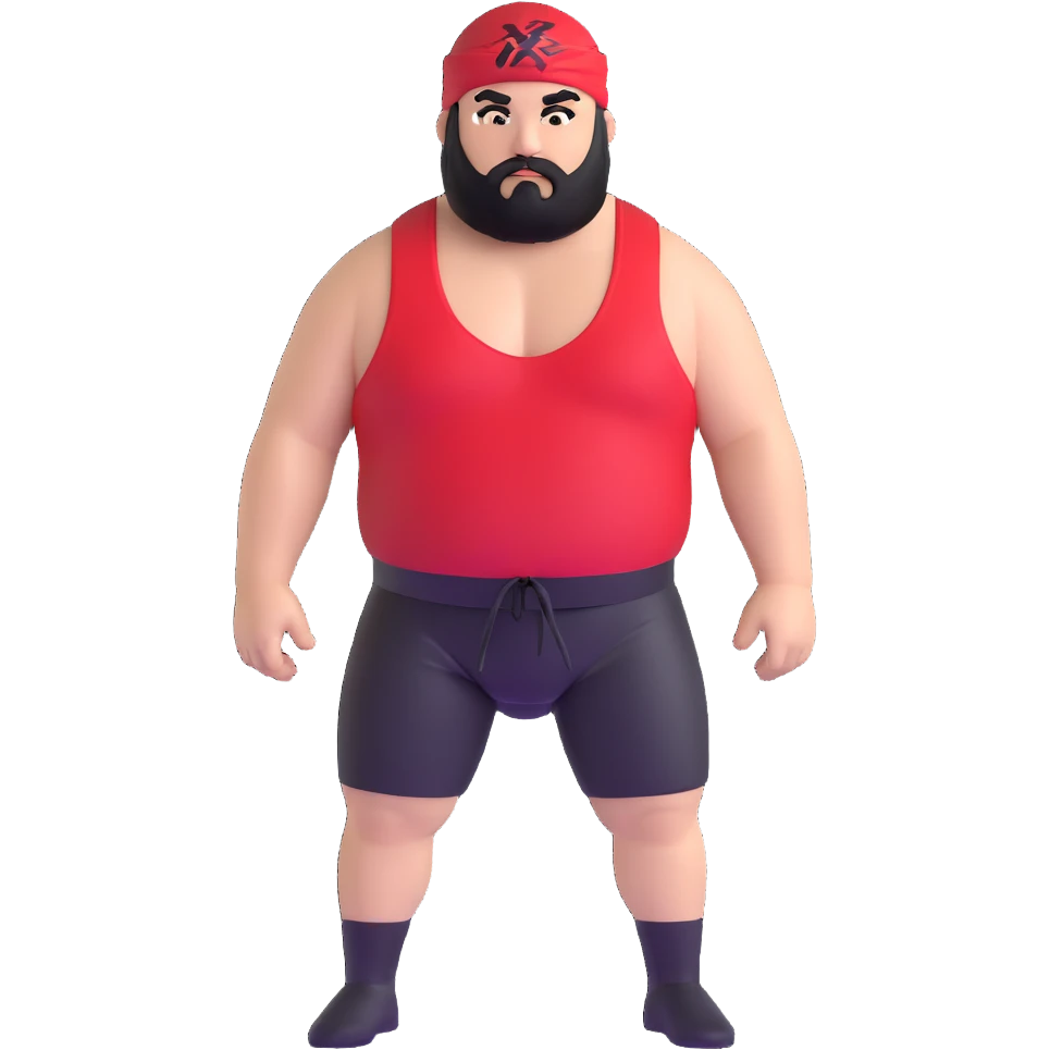 White skin fat guy with black durag, black beard, and black eyes in a red and black wrestling singlet emoji