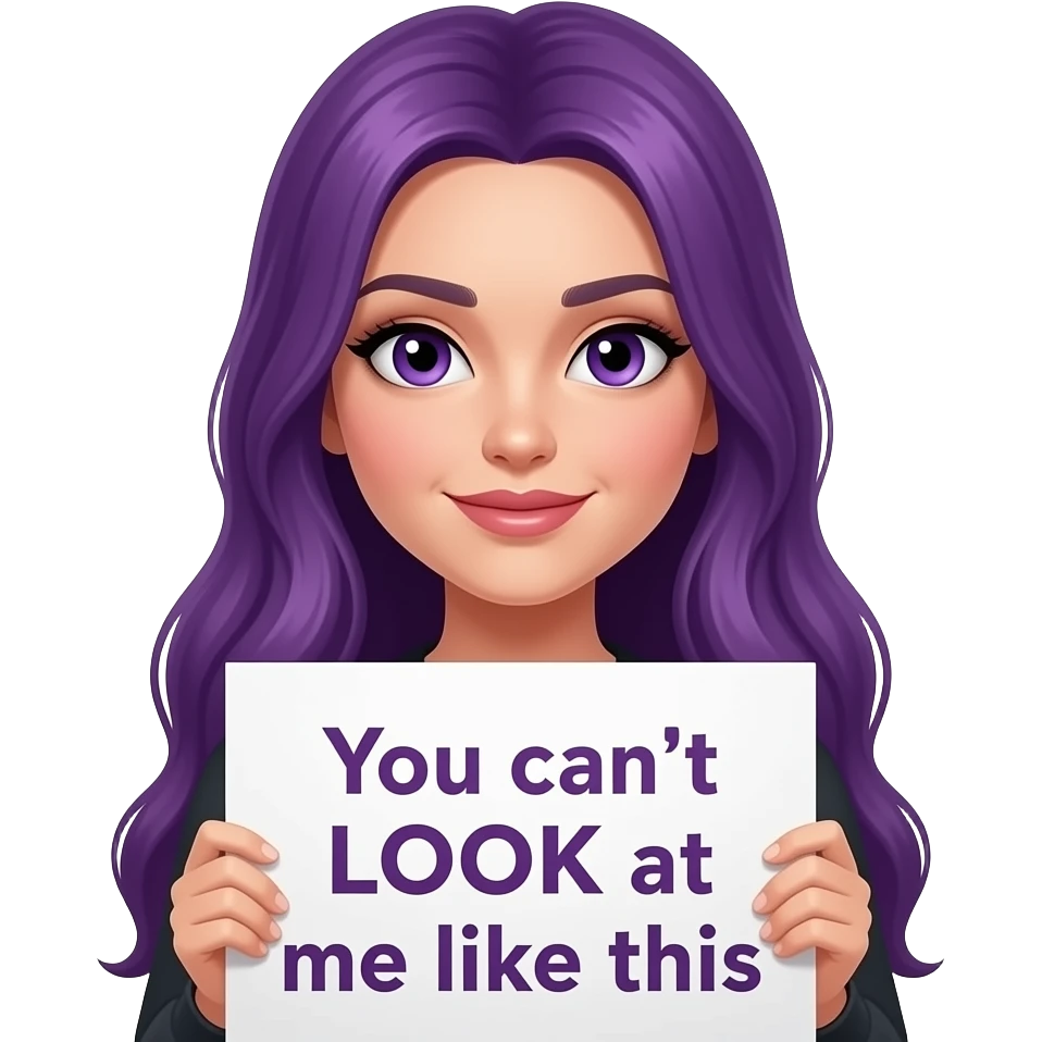 sexy girl with long purple hair and purple eyes holding a You can't LOOK at me like this sign emoji