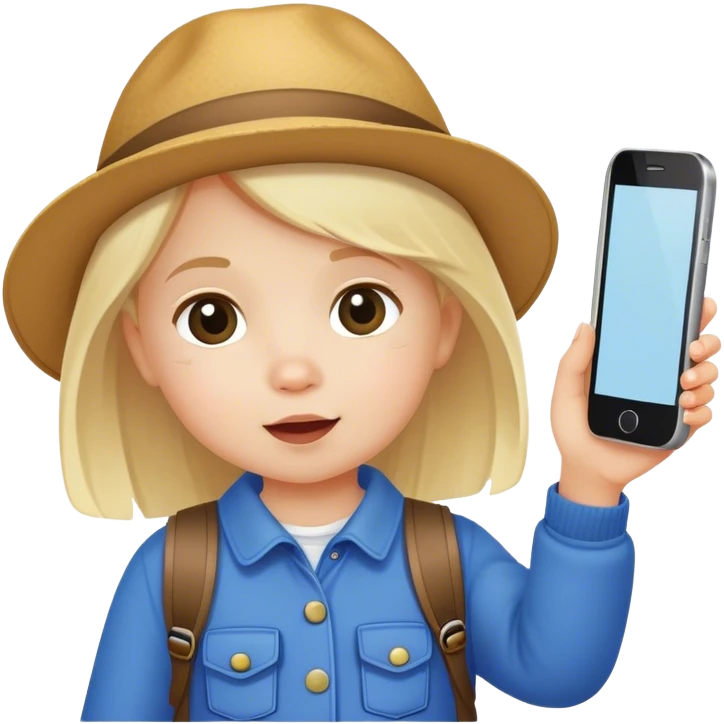 toddler girl tourist takes pictures with her cell phone emoji