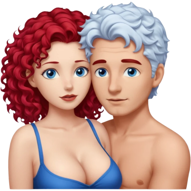 Homme nu cheveux blanc courts, yeux bleu barbe naissante + femme nu gros seins rousse cheveux longs bouclés yeux bleu faisant l'amour emoji
