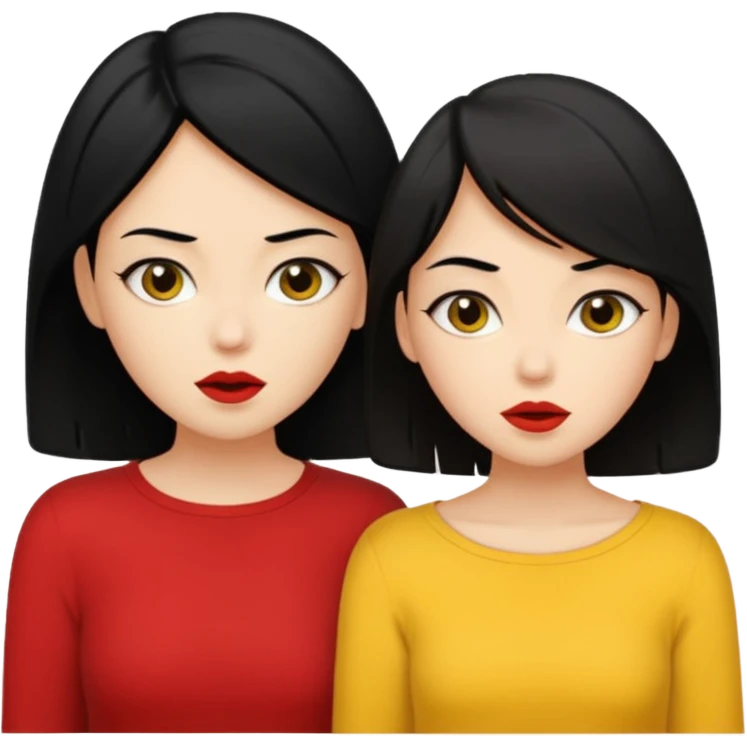2 girls gossiping secretly. both are fair and have black hair. One has short hair and is tan, one has long hair and is fair. One is wearing yellow, one is wearing red emoji