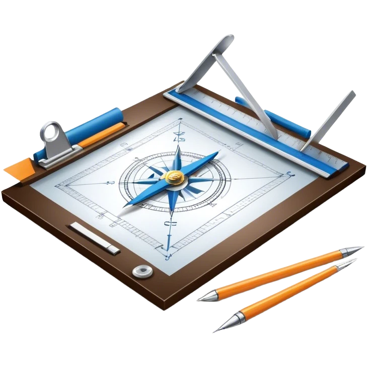 Create a sleek and modern icon for Architecture, featuring an engineer's drawing board with blueprints of a building, rulers, and architectural tools like a compass and protractor. The design is visually sophisticated, clean, and professional, without any emojis. The background's transparent. emoji