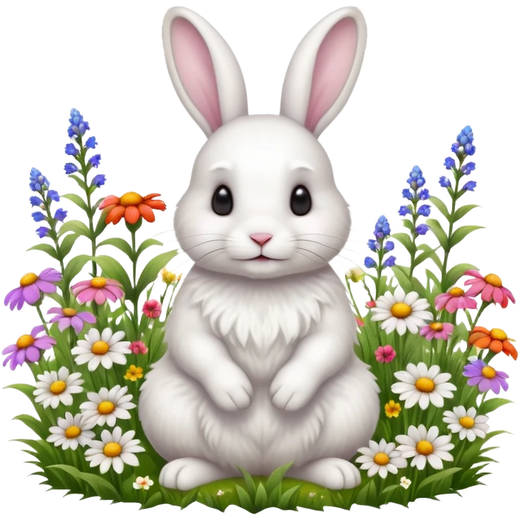 A fluffy white rabbit sitting in a meadow full of colorful flowers, ultra-realistic, high detail, soft morning light emoji