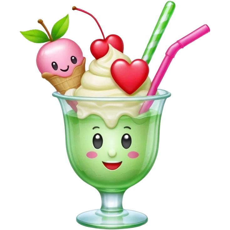 Create an emoji with a clear rounded glass, bright transparent green soda, vanilla ice cream scoop, two red cherries, pink heart-shaped straw, simple shapes, bright colors, glossy, kawaii style, centered, transparent background
 emoji