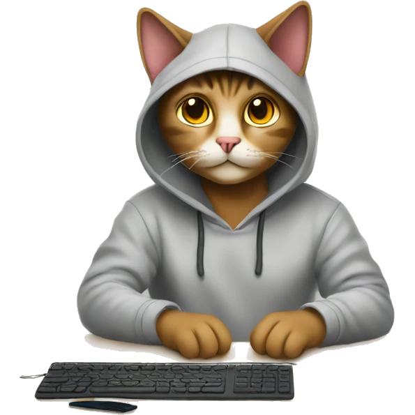 cat is a graphic designer in a hoodie and headphones, working at a computer in photoshop emoji
