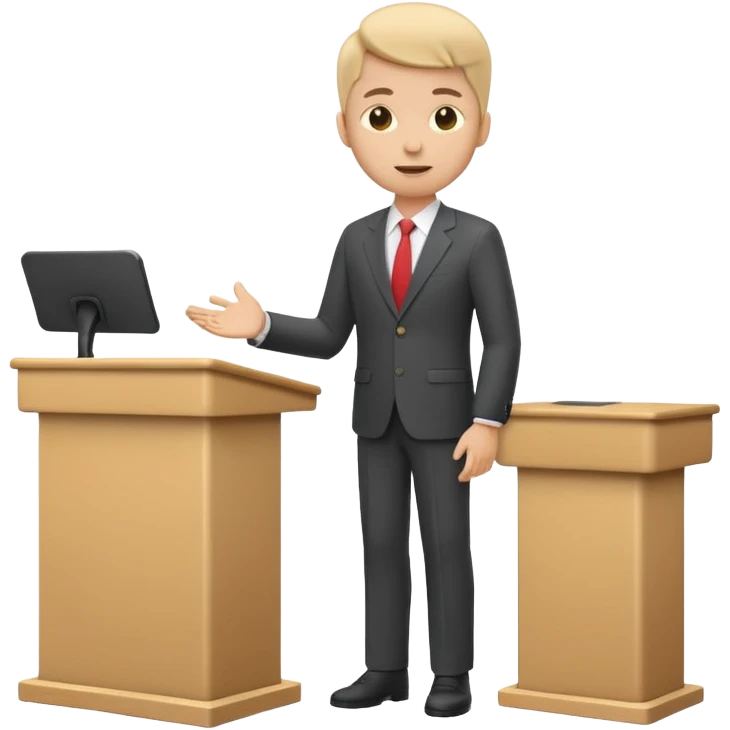 A minimal flat emoji-style icon of a person giving a presentation, standing behind a simple podium, front-facing, clean vector style, rounded shapes, no facial details, solid single color, white background, modern startup pitch deck icon emoji