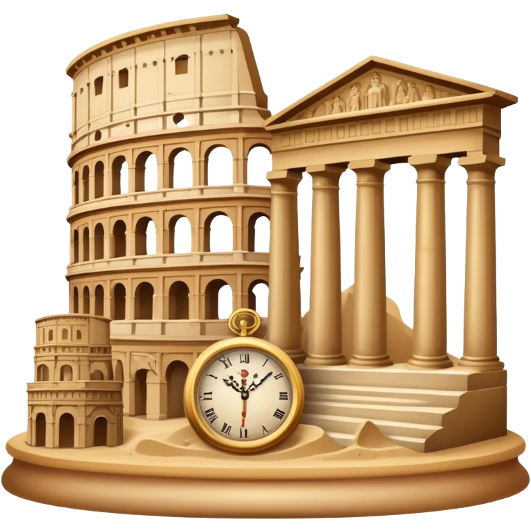 icon featuring ancient scrolls, quill pen with famous historical landmarks and monuments in the background like colliseum. Large, antique sand clocks with sand pouring out represent the passage of time. Historical figures are depicted as statues. Transparent background. emoji