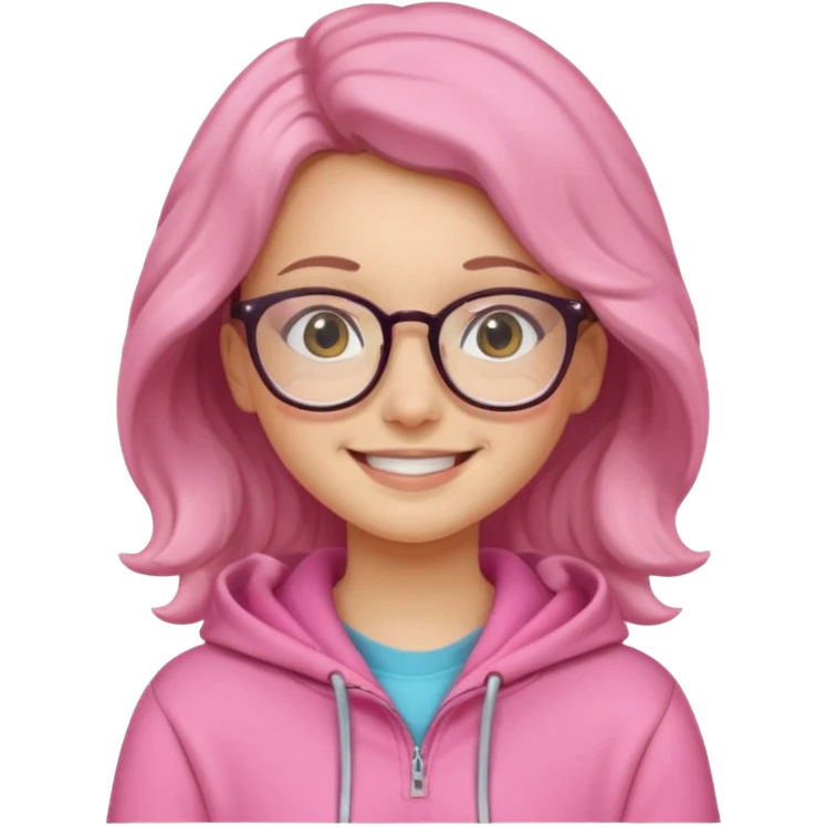 Girl with glasses and wearing a pink hoodie, medium gavy hair and cute smile  emoji