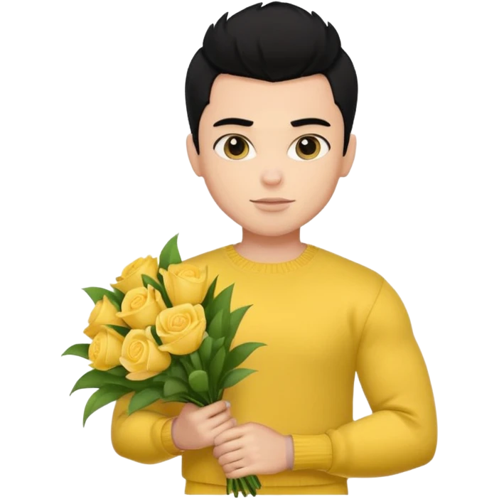 a pretty bratz guy carrying a bouquet and a yellow sweater. Muscled. black hair emoji