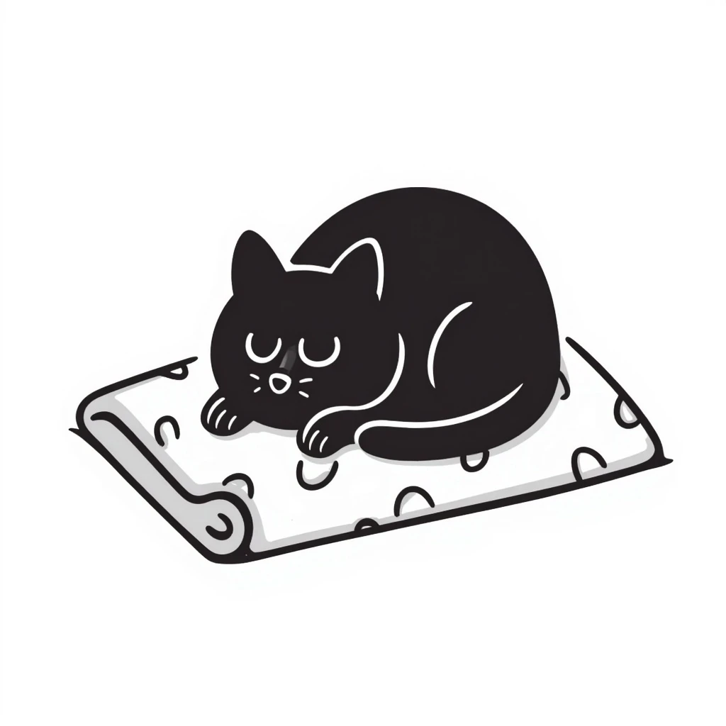 a cozy cat, curled up on a blanket, hand-drawn doodle style emoji