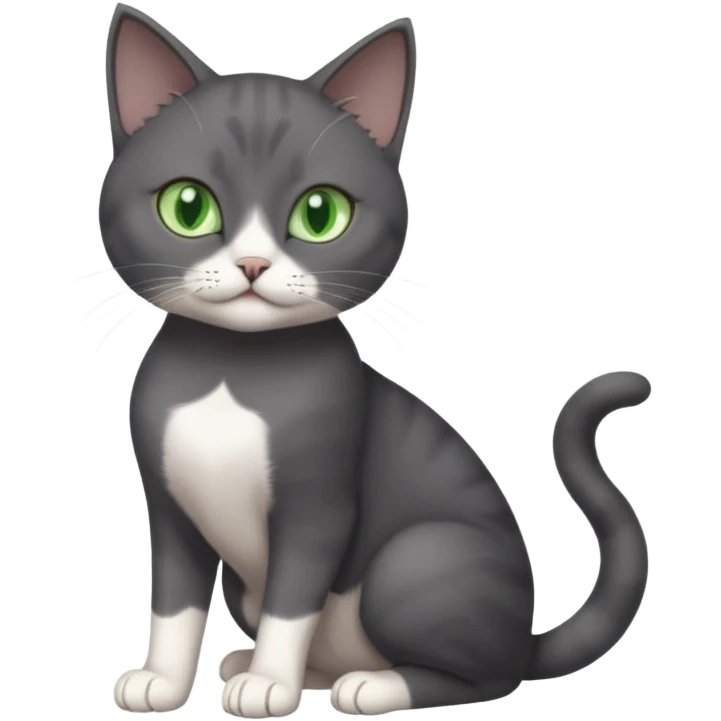 beautiful female solid dark grey cat with green eyes, white toes/paws and white patch on her chest playing emoji