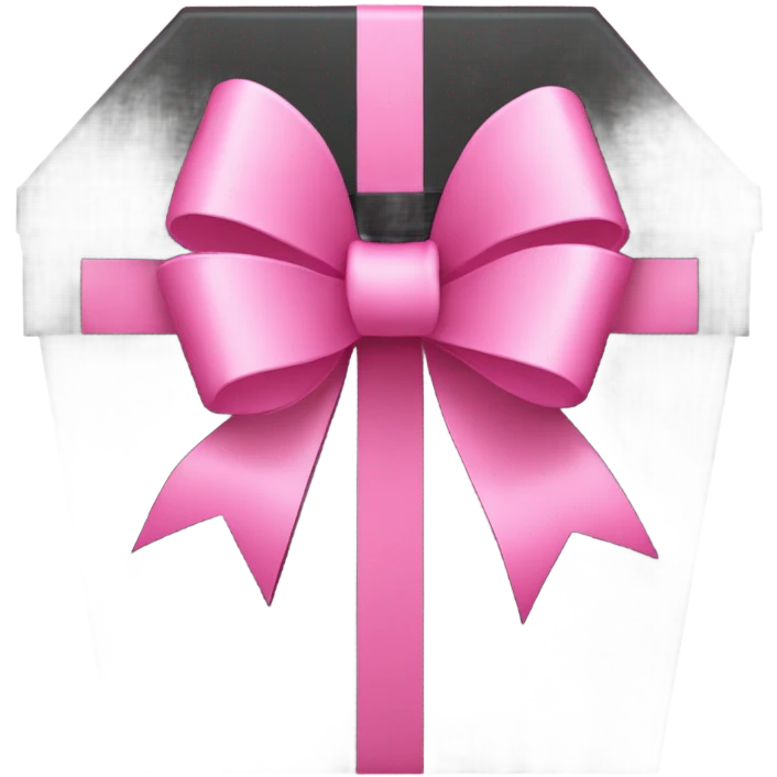 A black coffin-shaped box with a large pink ribbon tied in a bow on the front, against a pink background emoji