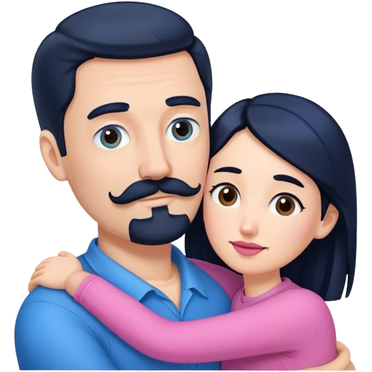 Tall white man with brown mustache goatee wearing blue hugging a short pale woman with long black hair wearing pink emoji