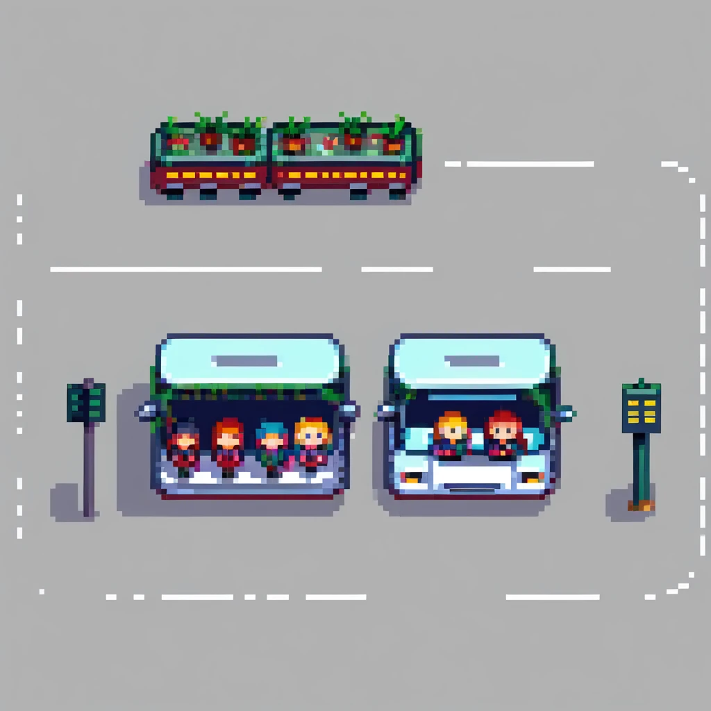 pixel art city bus stop with passengers waiting, bus arriving emoji