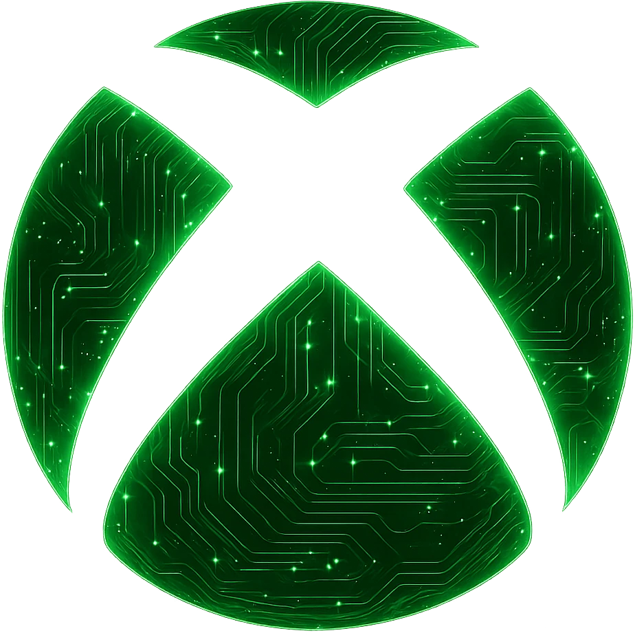 Transform the Xbox logo into a cyberpunk, holographic style with glowing neon green edges and intricate circuit patterns throughout the green part of the icon. Leave the X part transparent, so only the green area has color and effects. Maintain the recognizable Xbox shape, overlaying neon and circuit effects in a futuristic, clean style. The background should be transparent. emoji