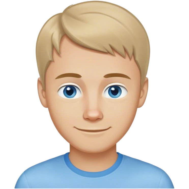 Blue eyed dark blond thin nosed Russian guy with a slight banged short haircut wearing a light blue shirt that says “Kitty” and smiling a little.  emoji