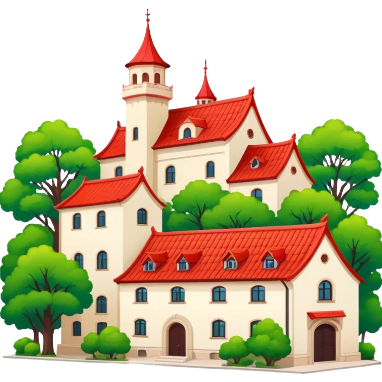 Qingdao European style buildings in Badaguan area with red roof and green trees, simplified emoji style with bold outlines and bright colors, cartoon style German architecture emoji