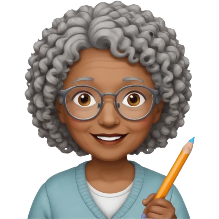 old woman teacher, brown skin, curly grey hai, wearing glasses, hold chalk on hand emoji