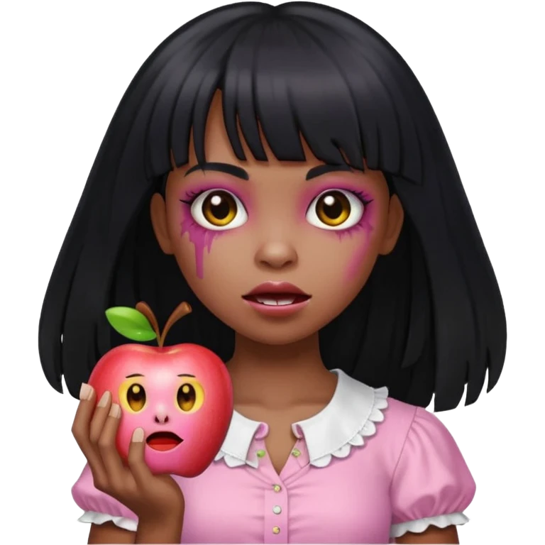 emoji apple light skinned black zombie girl with long black hair and bangs with a light pink blouse  emoji