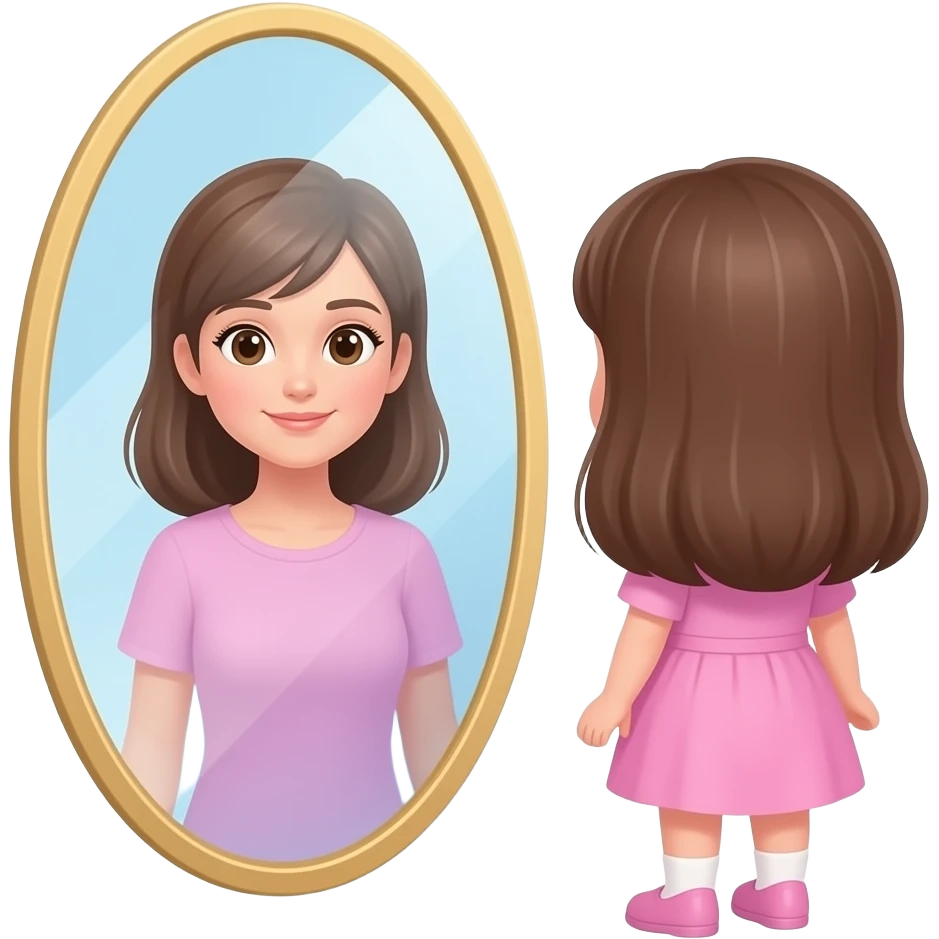 mirror with soft glow, minimal vector, pastel colors. reflection showing little girl transforming into adult woman, symbolic, clean flat design emoji