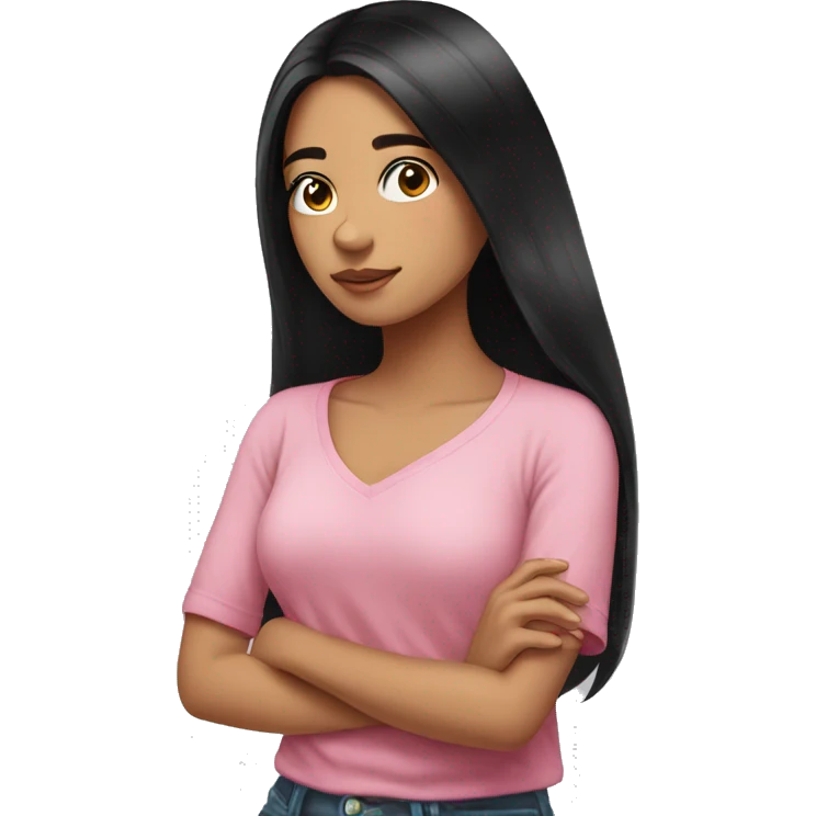 beautiful girl, long black hair, pink shirt, looking over her shoulder, Mexican  emoji