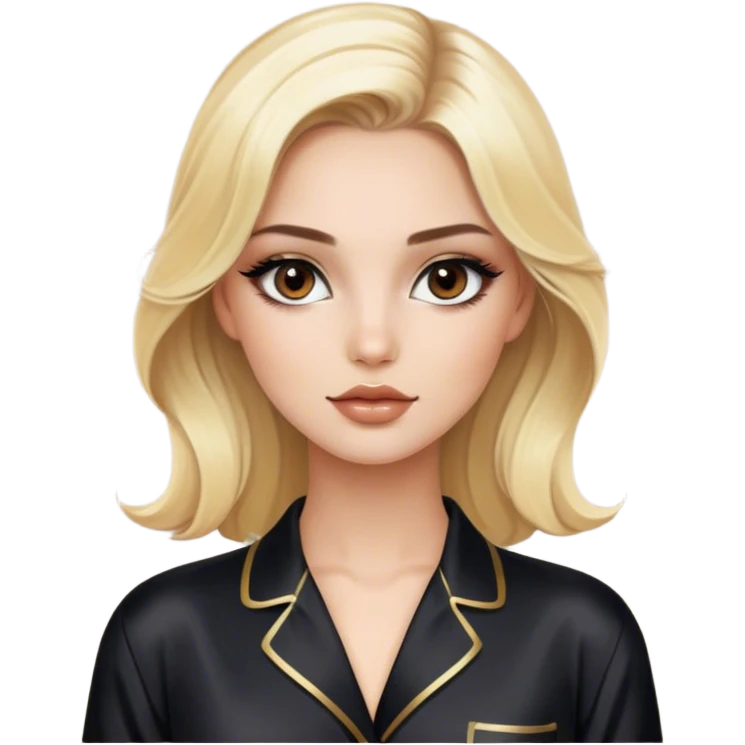 blonde model with brown eyes, luxury makeup, black silk pajamas emoji