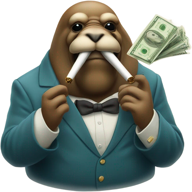 Walrus smoking a cigar holding money sticking middle finger up emoji