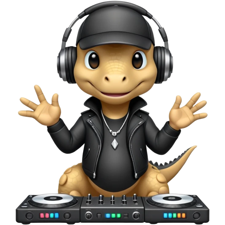 Dinosaurio muy tierno músico DJ con ropa negra futurista  emoji