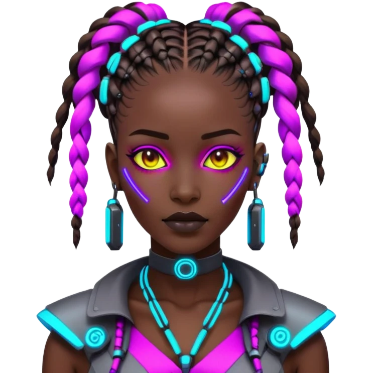 Cyberpunk African woman with futuristic braids, neon glowing accessories, tech implants, and vibrant colors emoji