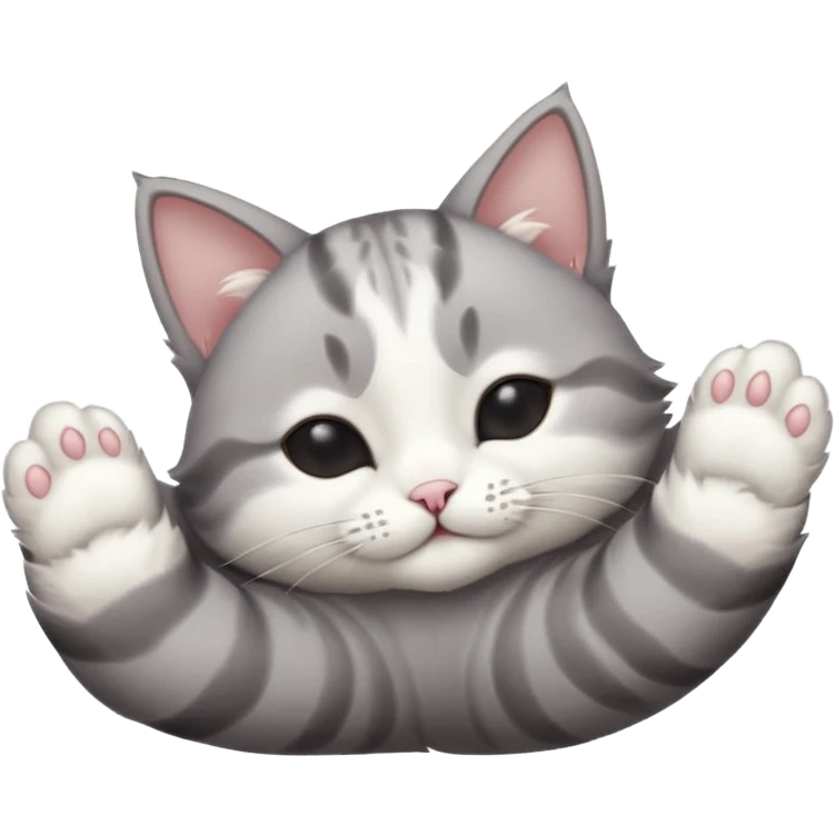 grey and white small cat eyes closed lying down upside down with paws stretched out straight in different directions emoji