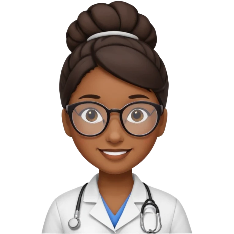 una enfermera escolar con gafas llamativas y un moño pequeño, morena de piel y pelo emoji
