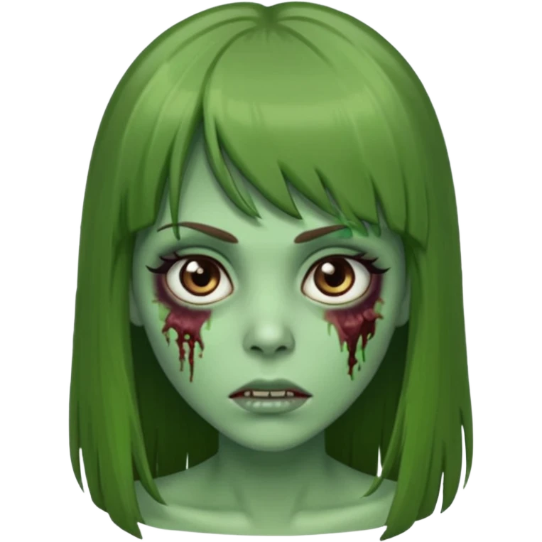 Zumbi feminino, de pele verde, cabelo longo liso e castanho com franja. rosto oval e cilios grandes emoji