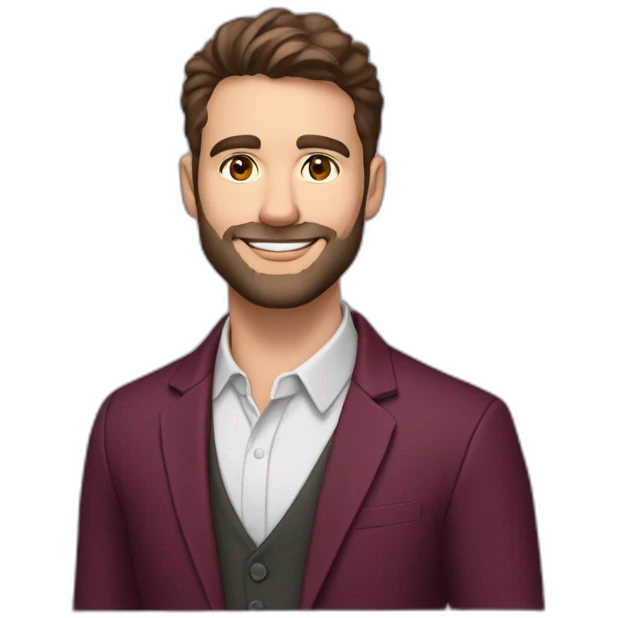 caucasion 30-year-old male teacher, brown eyes and short brown hair with short brown beard. Smiling. Wearing burgundy blazer and collarless white shirt. Wearing a purple lanyard emoji