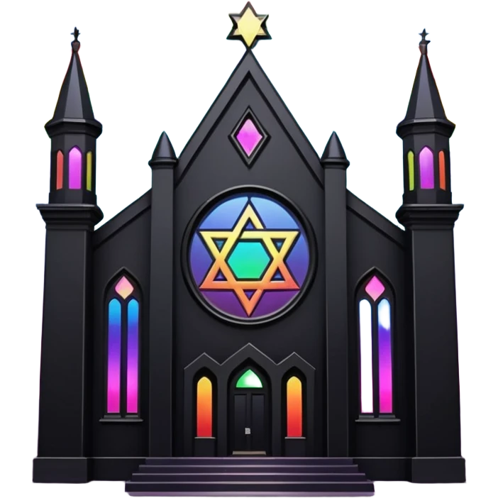 jewish synagogue temple in dark goth aesthetic style with black building and rainbow tint glass windows and star of david emoji
