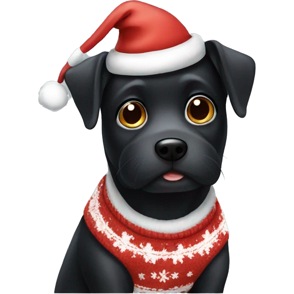 black dog with christmas sweater and santa hat emoji