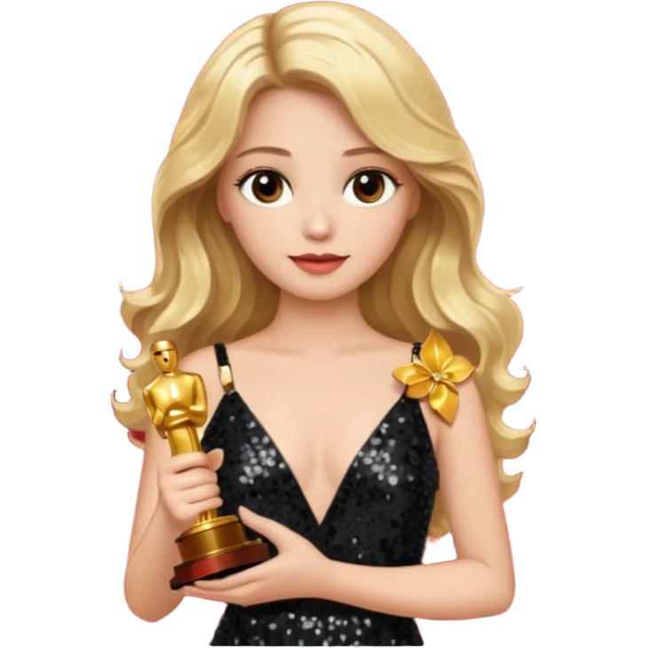 blonde model, brown eyes, long wavy hair, oscars red carpet, black sequin, holding oscar emoji