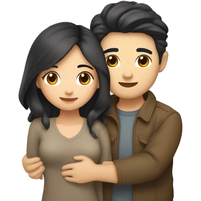 A cute Asian couple hugging each other very tight. The girl has long dark wavy hair and pale skin and dark hazel eyes, the Man has short dark straight hair and bright amber eyes and is pale emoji