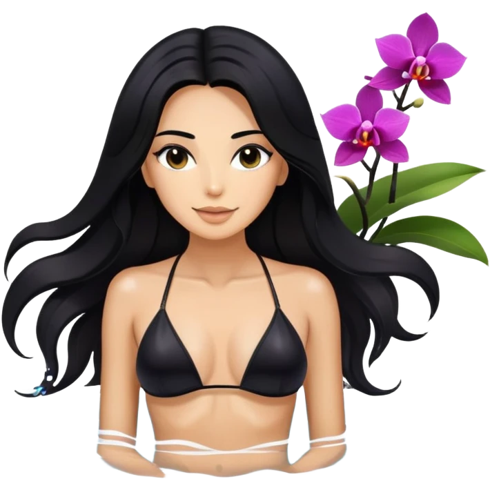 long black hair tanned woman, black bikini, in water with orchids  emoji