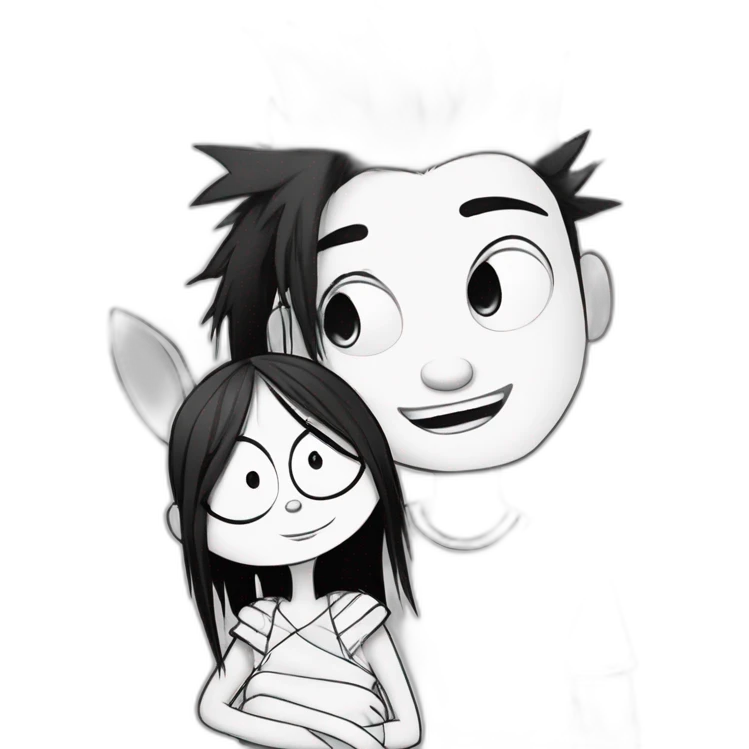 a dog and a girl with black spiky hair looking at each other in style of ((sarah andersen)), black and white,sarah andersen,cartoon,drawn,sketch emoji
