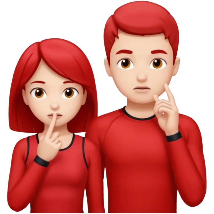 Girl and boy in red gym clothes and thoughtful faces and They have one hand on lip emoji