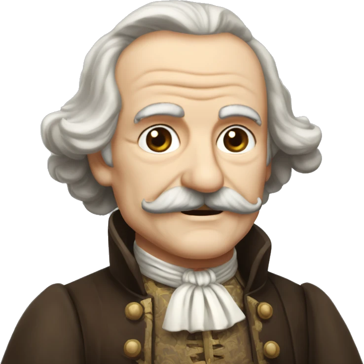 Short pudgy old man over enthusiastic face bald forehead long wavy gray and brown brunette long wavy hair moustache Shakespearean dress vintage clothes hamlet emoji