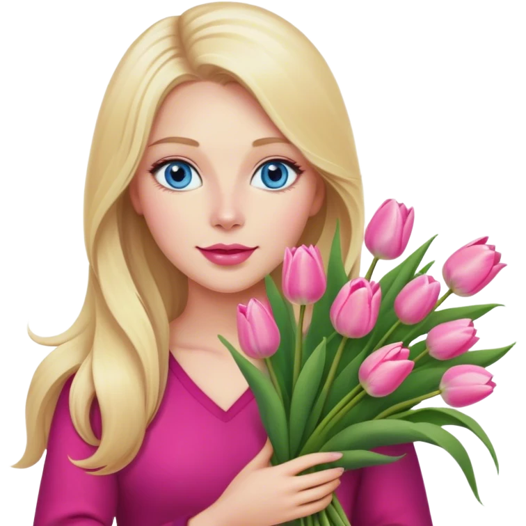 Cinematic realistic blonde with long hair, blue eyes and pink lips, holding a large bouquet of tulips in her hands emoji