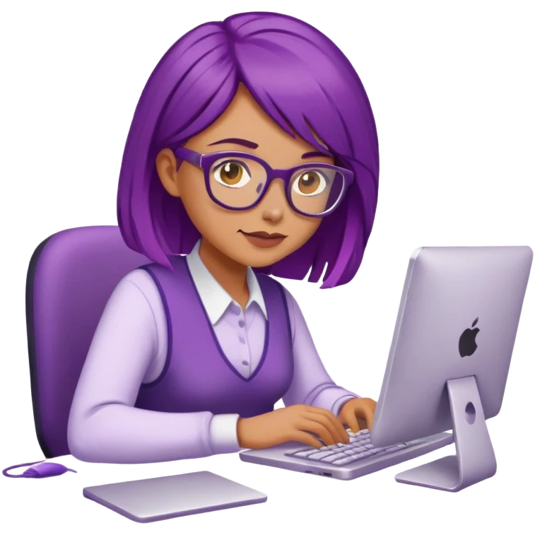 Ojos color miel, cabello lila, lentes, mujer, trabaja en su computador emoji