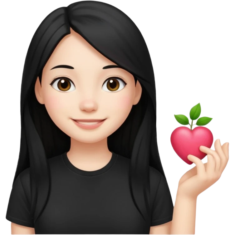 a pretty bratz fair girl with straight long black hair, wearing a black tshirt, smiling emoji