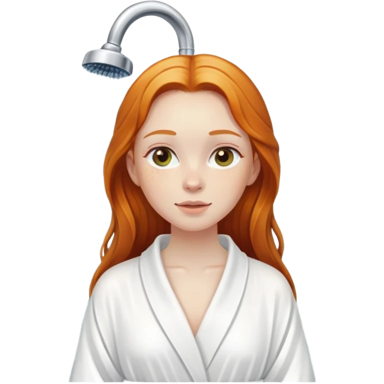 Ginger girl in white robe long wet hair relaxing shower skin care emoji
