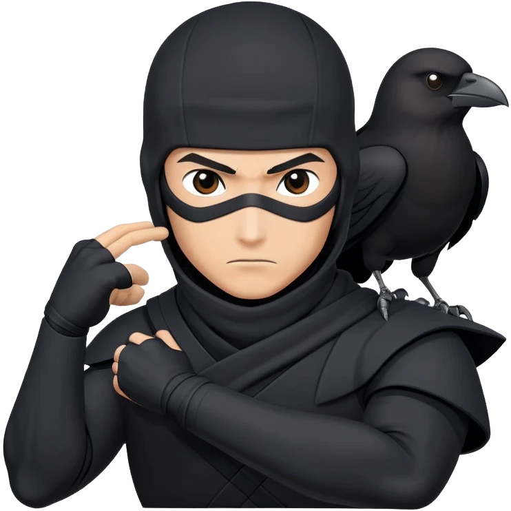 clash-of-clans-aesthetic_-cinematic-mysterious-male-ninja-portrait-emoji, rendered in a flat, vector-style with minimal shading and bold, simplified shapes, his arm is stretched out  with a head slightly turned revealing intense, focused eyes. the ninja has his arm out and perched on top of his forearm is  a  giant black crow emoji