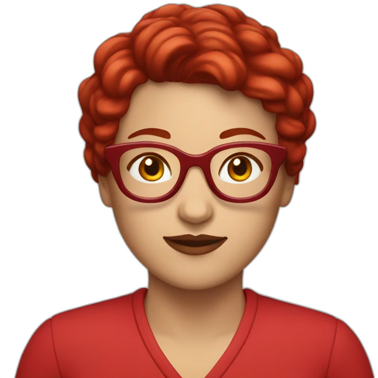 white woman with pixie cut dark red hair and big red glasses wearing red clothes emoji